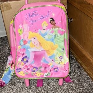 Disney Princess Pink and Green Backpack With Rollers & Handle New